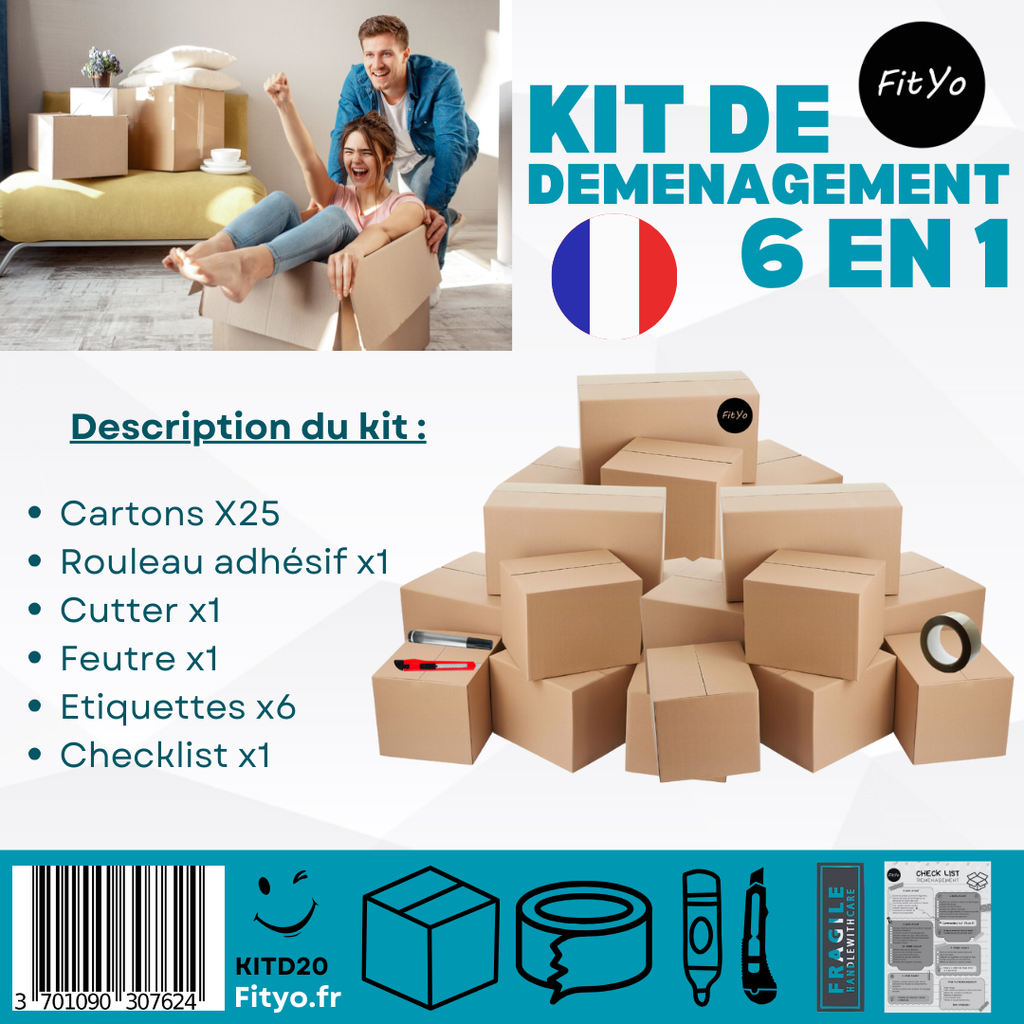 Kit de déménagement 6 en 1 – 25 cartons + adhésif + cutter + feutre + étiquettes + check-list – Fabrication française