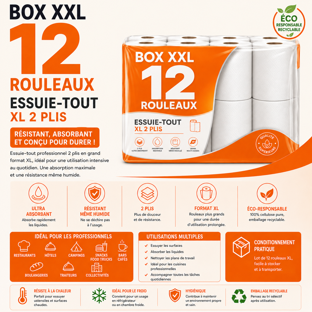Lot de 12 Rouleaux d’Essuie-Tout XL 2 Plis