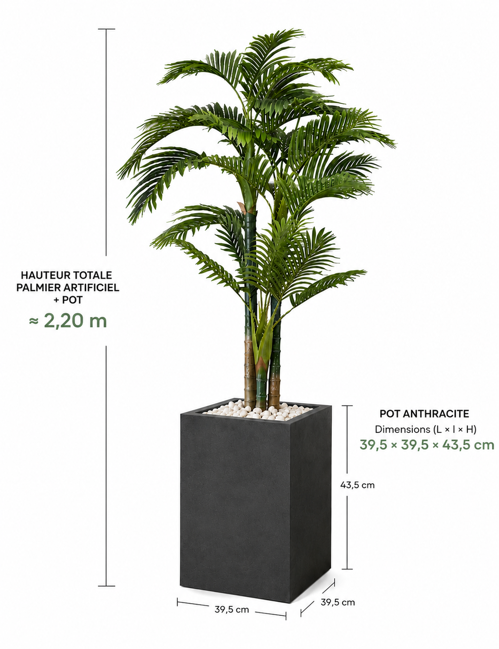 Palmier Artificiel Premium 2,20 m avec Pot Design et Galets Blanc