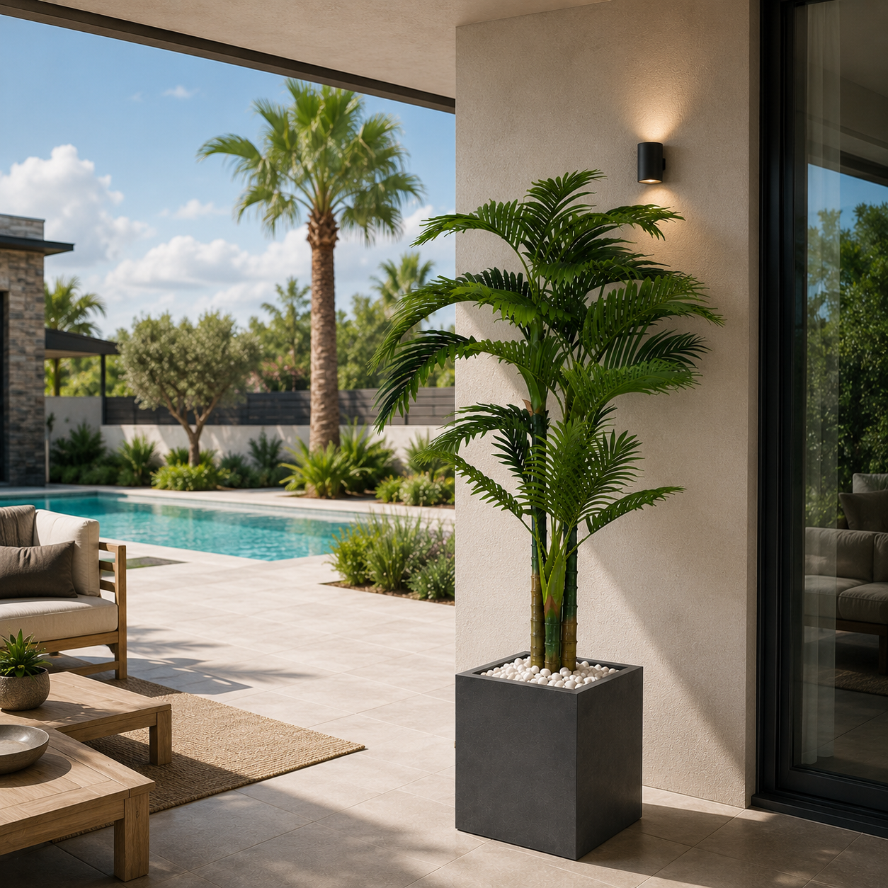 Palmier Artificiel Premium 2,20 m avec Pot Design et Galets Blanc