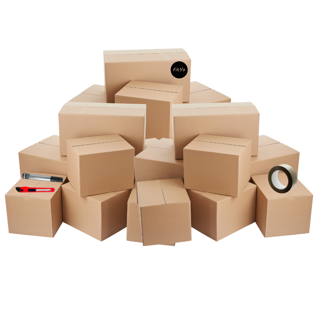 Kit de déménagement 6 en 1 – 25 cartons + adhésif + cutter + feutre + étiquettes + check-list – Fabrication française