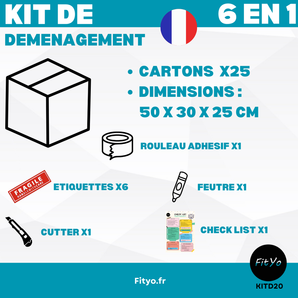 Kit de déménagement 6 en 1 – 25 cartons + adhésif + cutter + feutre + étiquettes + check-list – Fabrication française