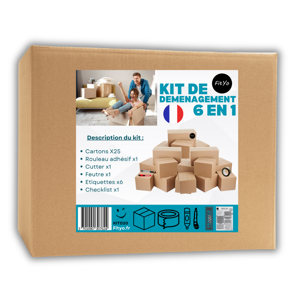 Kit de déménagement 6 en 1 – 25 cartons + adhésif + cutter + feutre + étiquettes + check-list – Fabrication française